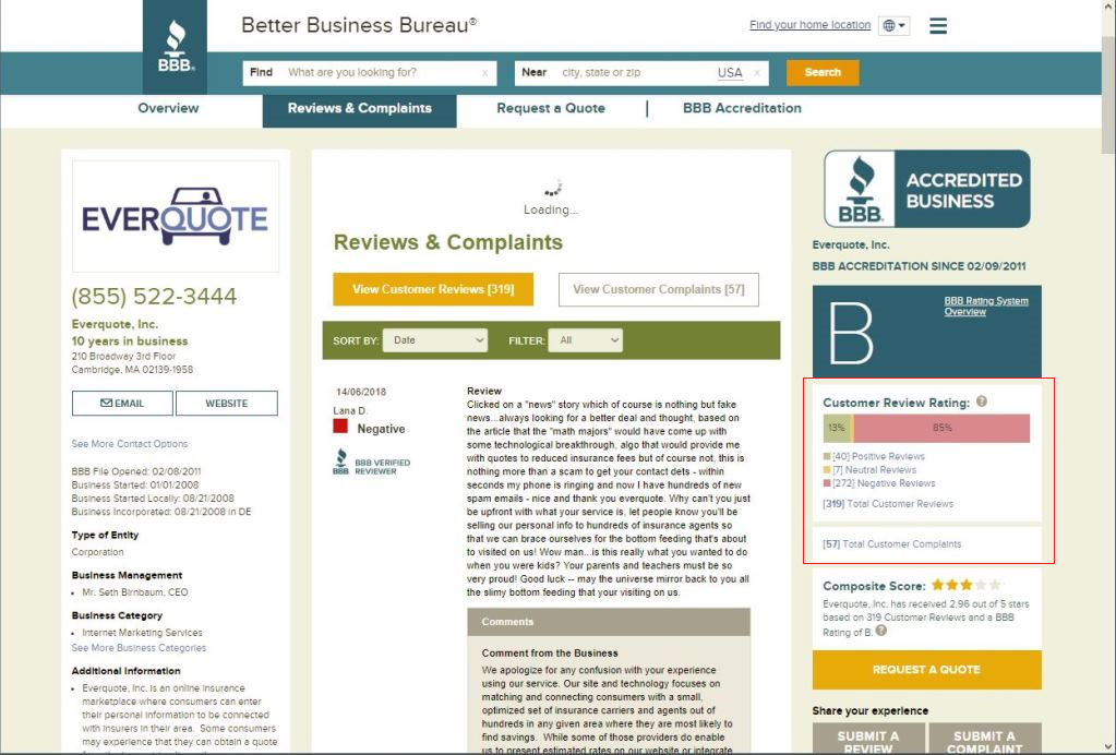 EverQuote Reviews & Complaints @ Better Business Bureau