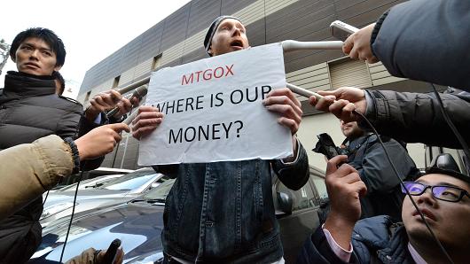 Bit coin trader protesting in front of Mt Gox office