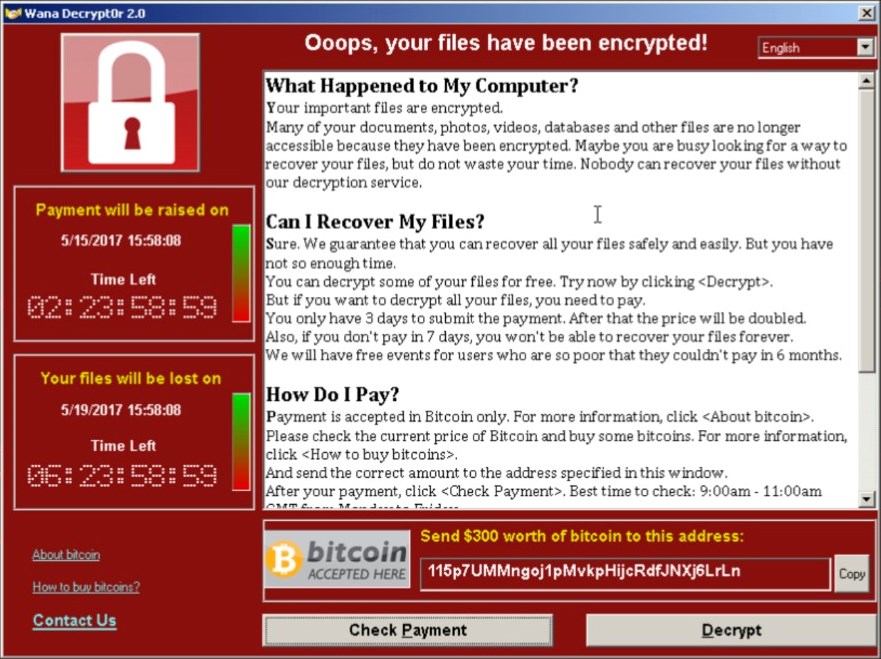 WannaCry screen: Oops, your files have been encrypted!